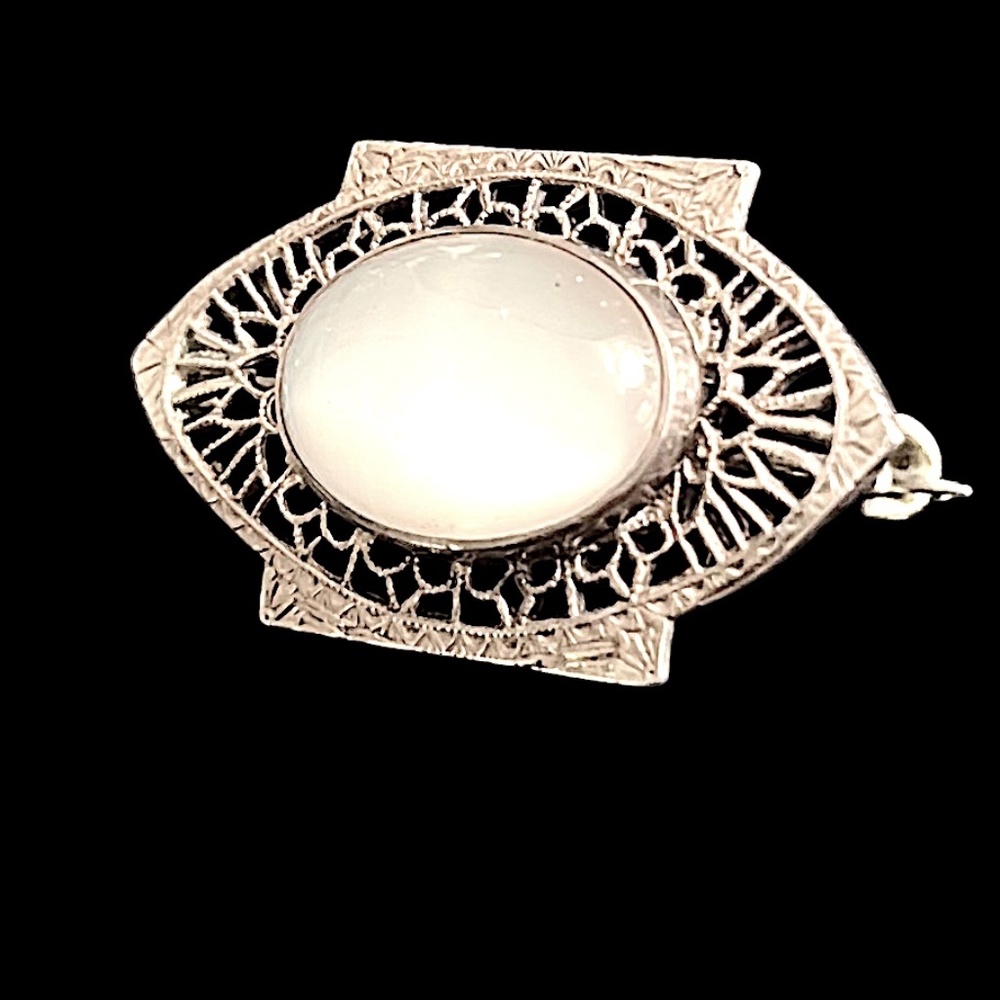 Antique Edwardian Sterling Silver Opaline Glass Brooch Pin 1900-1915